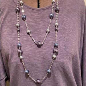 Faux pearl necklace.  Silver chain. Long
